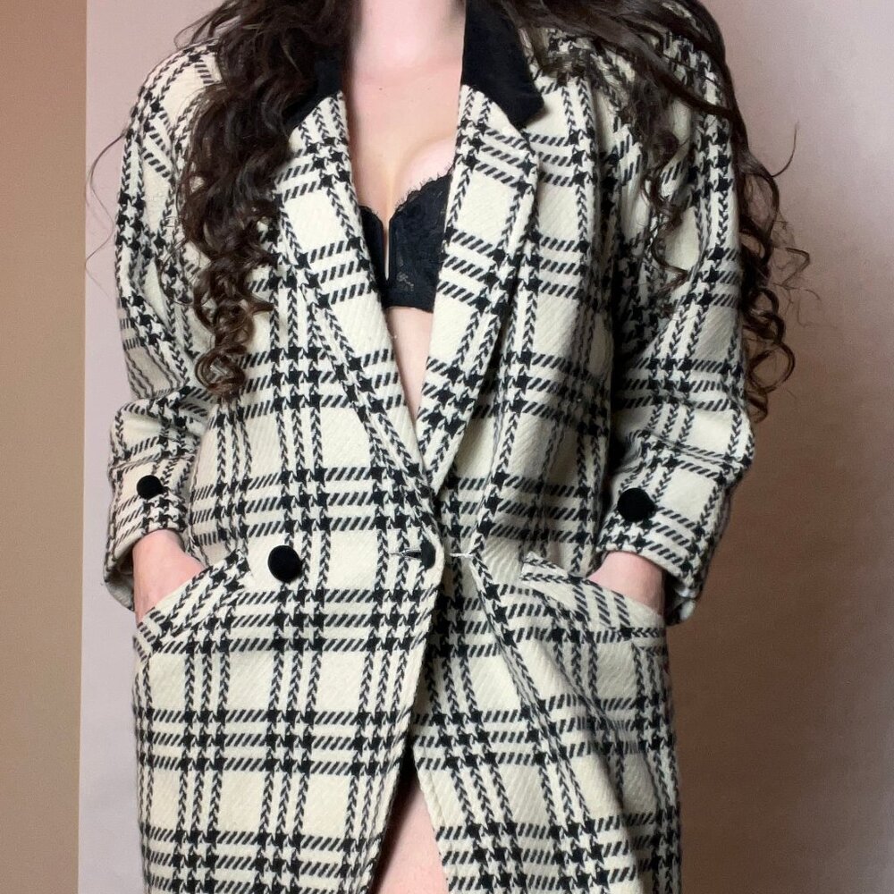 Vintage Black and White Gingham Plaid Overcoat Jacket Coat 80s 90s